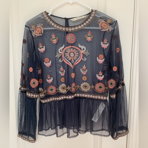 Zara Tops - ZARA Basic Embroidered Sheer Mesh Boho Blouse Peplum Top Navy Size L